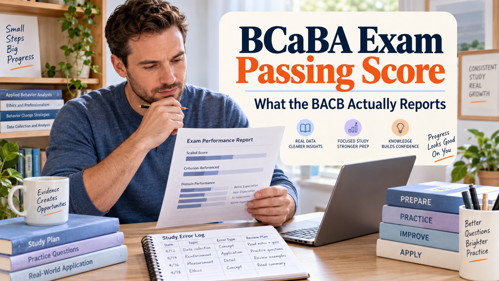 A White man reviews a BCaBA exam score report, scaled-score explanation, and study error log in one integrated editorial scene.
