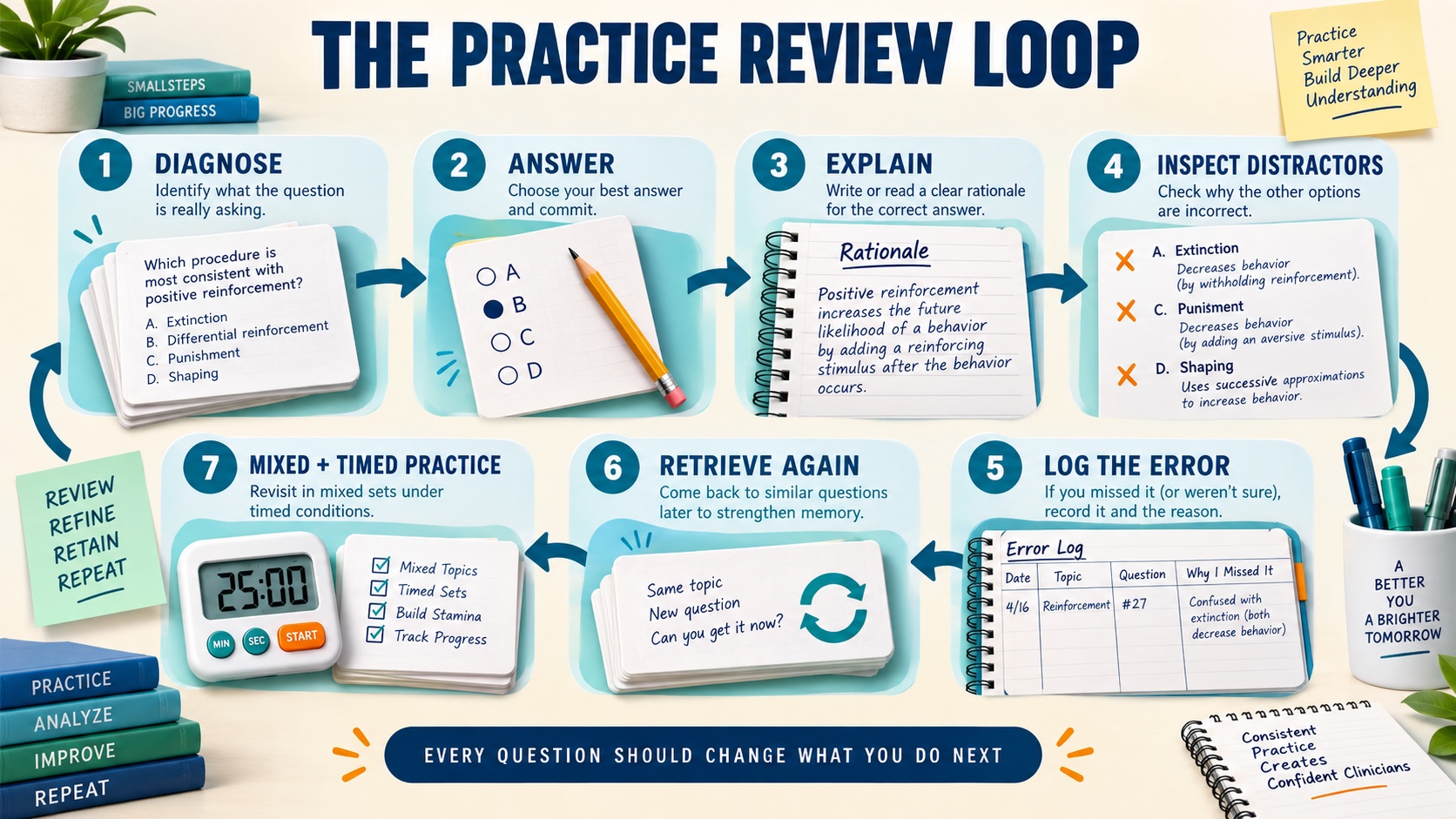 No-person infographic showing a BCaBA practice review loop: diagnose, answer, explain, inspect distractors, log the error, retrieve again, and mixed timed practice.