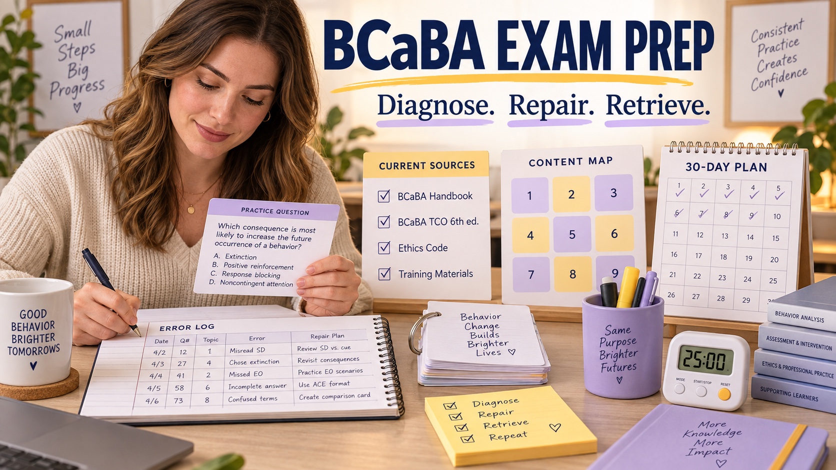 A White female BCaBA learner organizes a current outline, domain cards, an error log, and a timed study calendar in one integrated editorial preparation scene.
