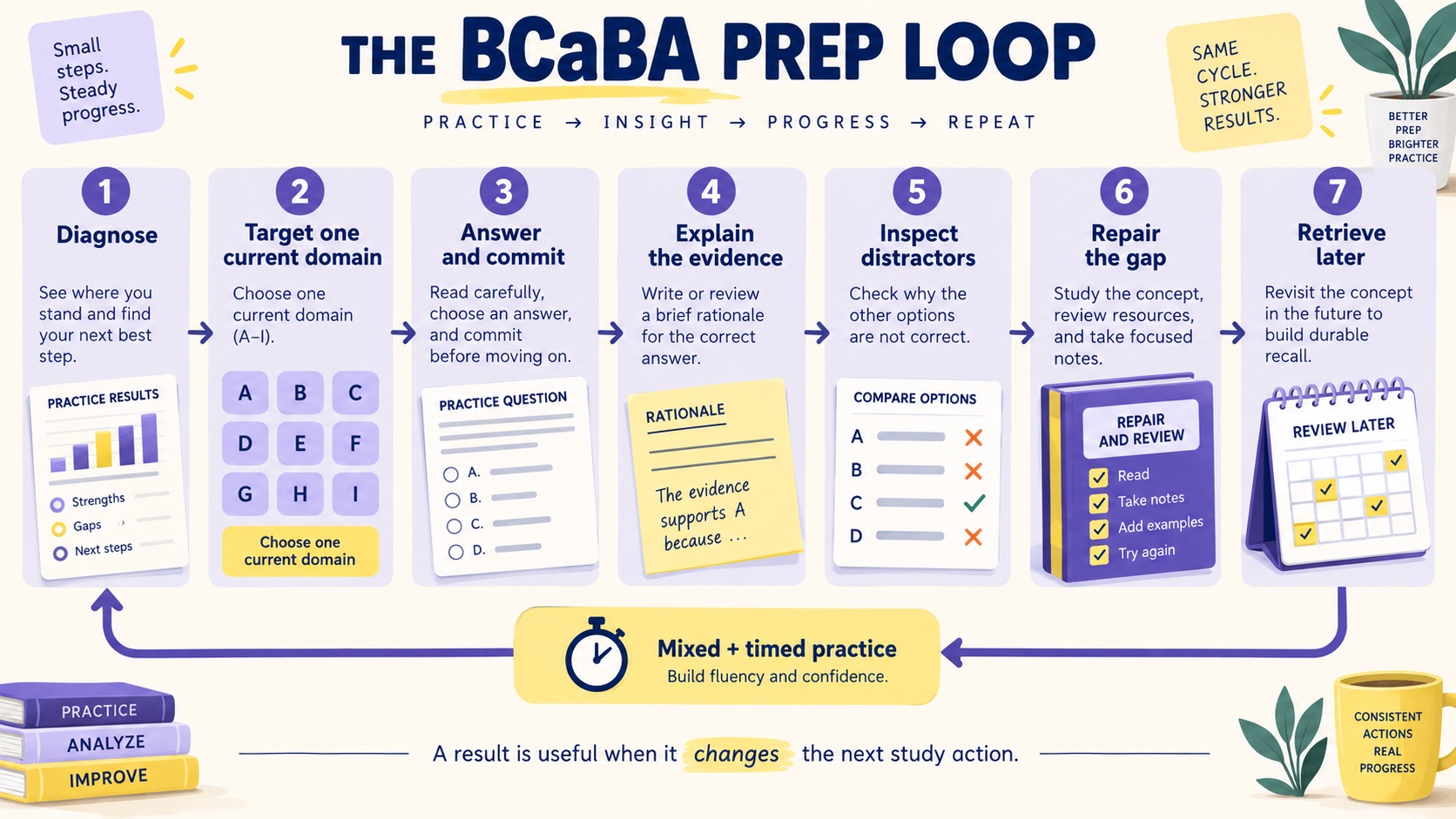 No-person infographic showing a BCaBA exam-prep loop: diagnose, target a domain, answer, explain, inspect distractors, repair the gap, retrieve later, and rehearse mixed and timed practice.