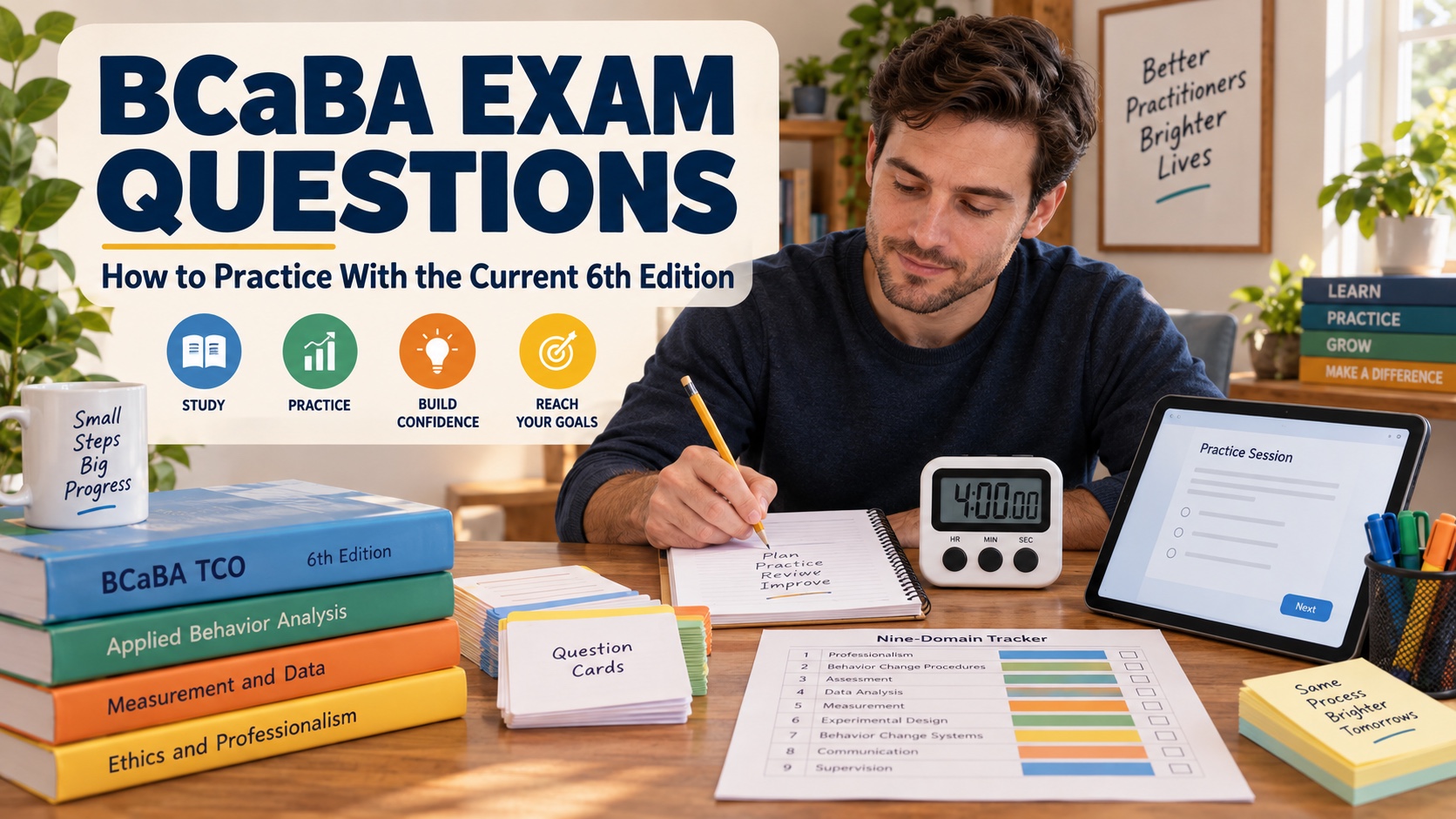 A White male BCaBA learner reviews original exam question cards, TCO notes, a four-hour timer, and a nine-domain study tracker in one integrated editorial scene.