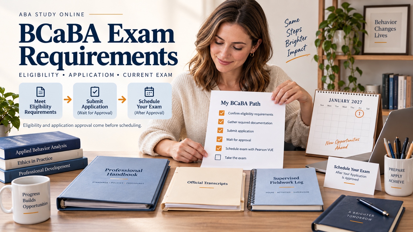 A White woman organizes a BCaBA eligibility checklist, official handbook, transcript folder, fieldwork log, and Pearson VUE scheduling note in one integrated editorial scene.