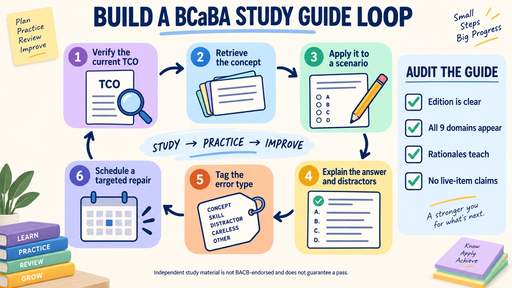 No-person infographic showing a BCaBA study-guide audit loop: verify edition, retrieve the concept, apply it, explain the answer, tag the error, and schedule a repair review.