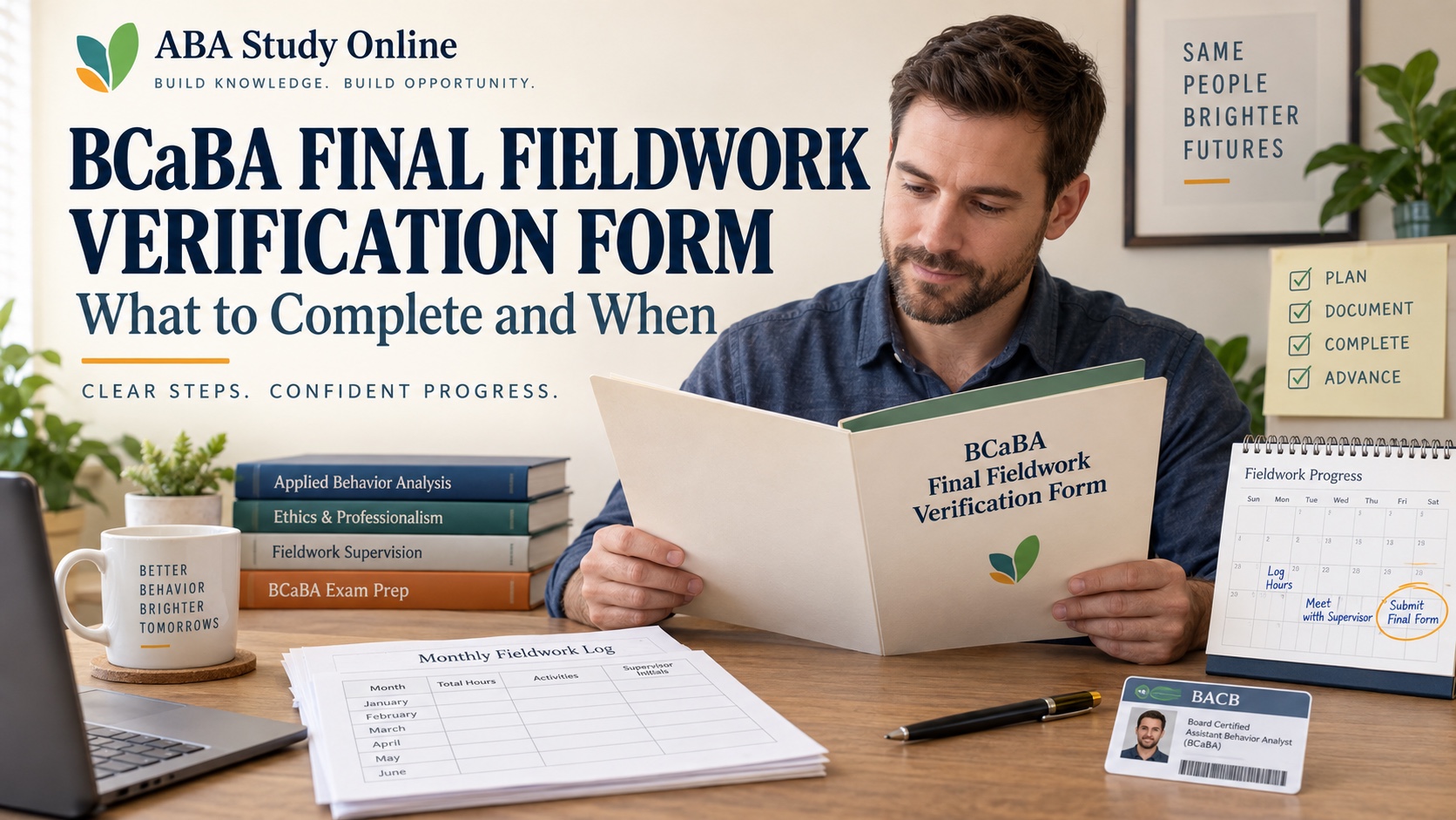 A White man reviews a BCaBA final fieldwork verification form, monthly logs, a fieldwork calendar, and a BACB ID card in one integrated ABA Study Online editorial scene.