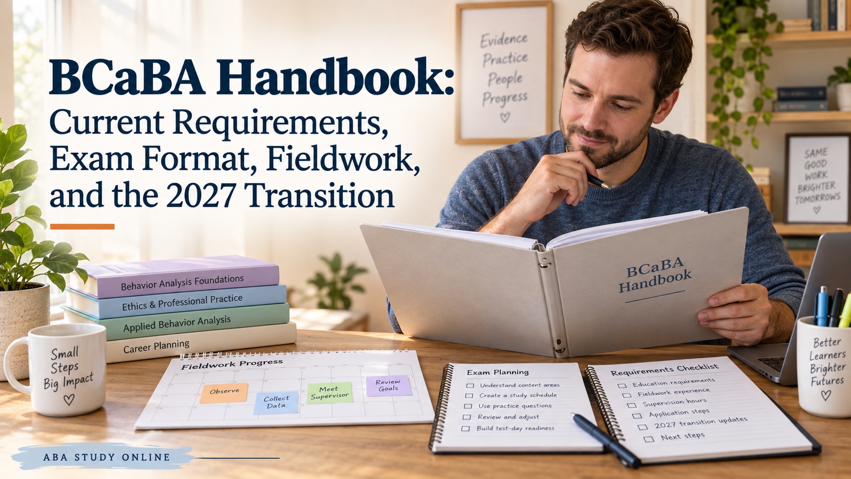 A White man BCaBA learner organizing a handbook binder, fieldwork calendar, verification checklist, and exam planning notes in an integrated editorial study scene.