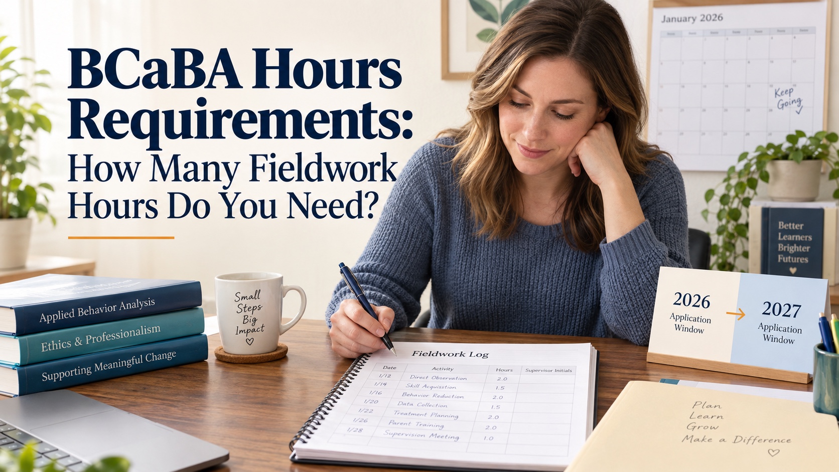 A White woman reviews a BCaBA fieldwork log, a monthly calendar, and a 2026 to 2027 application-date divider in an integrated ABA Study Online editorial scene.