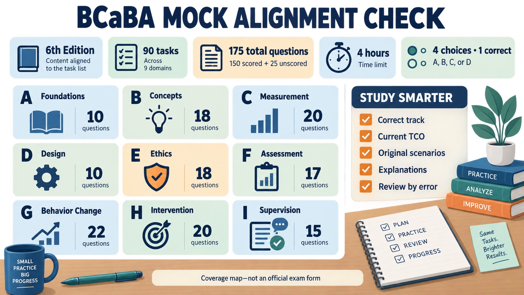 No-person infographic showing how to align a BCaBA mock exam with the current 6th-edition blueprint, nine domains, 90 tasks, and 150 scored plus 25 unscored questions.