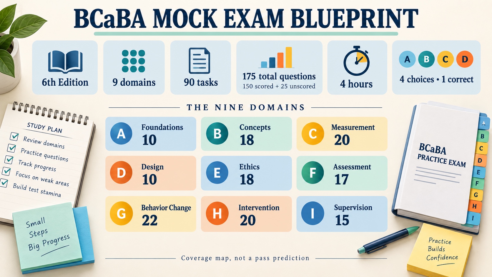 No-person infographic showing the current BCaBA blueprint: nine domains, 90 tasks, 150 scored plus 25 unscored questions, four hours, and four answer choices with one correct.