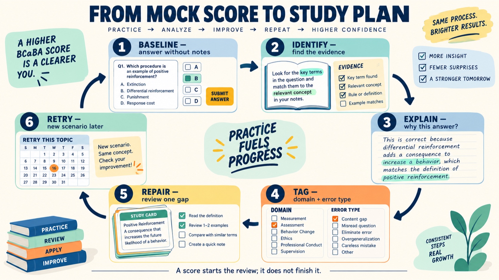 No-person infographic showing a BCaBA mock-exam diagnostic loop: baseline, identify evidence, explain, tag the error, repair one gap, and retry later.