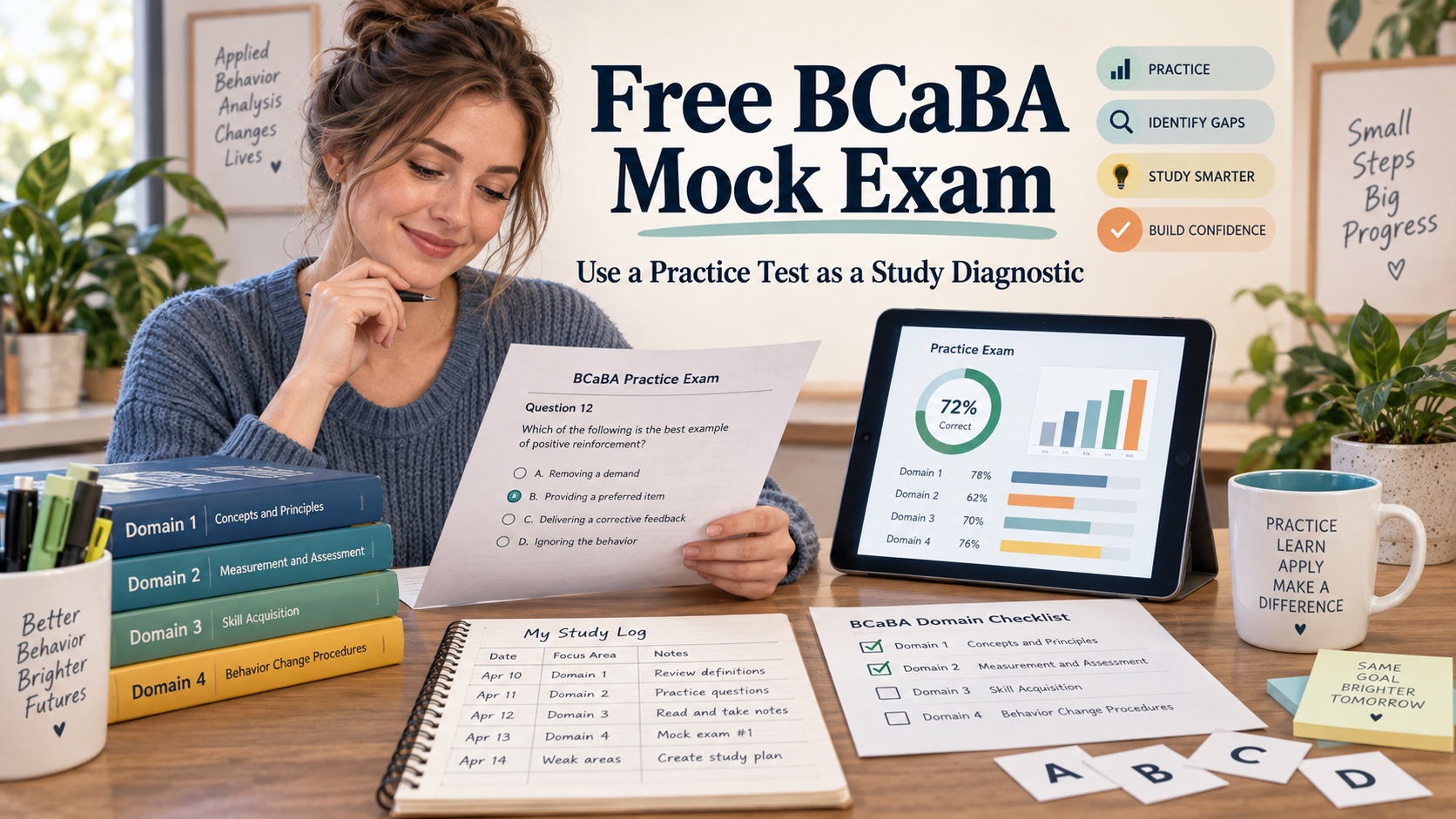 A White woman reviews a free BCaBA mock exam beside a domain checklist, answer-choice cards, and a study log in an integrated editorial scene.
