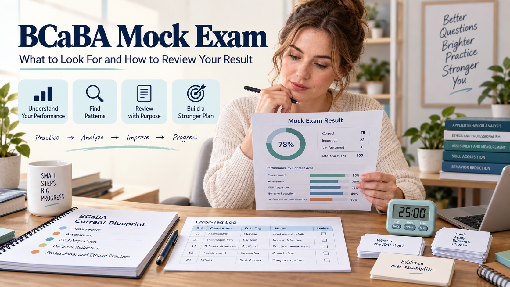 A White woman reviews a BCaBA mock-exam result beside an error log, current blueprint, and study notes in an integrated editorial scene.