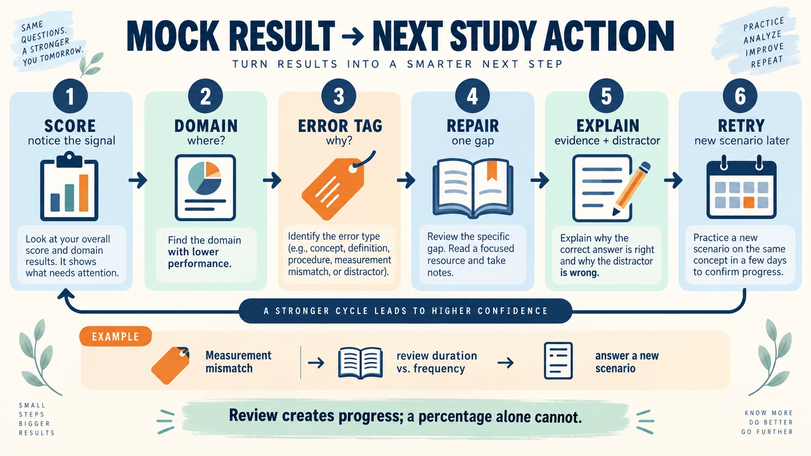 No-person infographic showing the BCaBA mock-exam review loop from score to domain and error tags, targeted repair, and later retry.