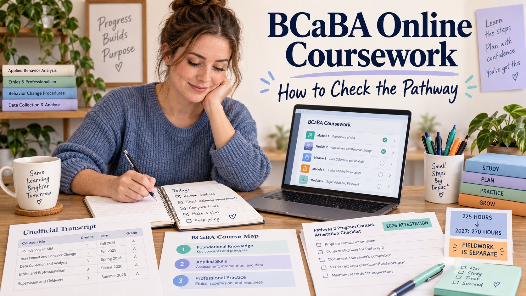 A White female student reviews BCaBA online coursework on a laptop beside a transcript, course map, Pathway 2 attestation checklist, and fieldwork marker in one integrated editorial scene.