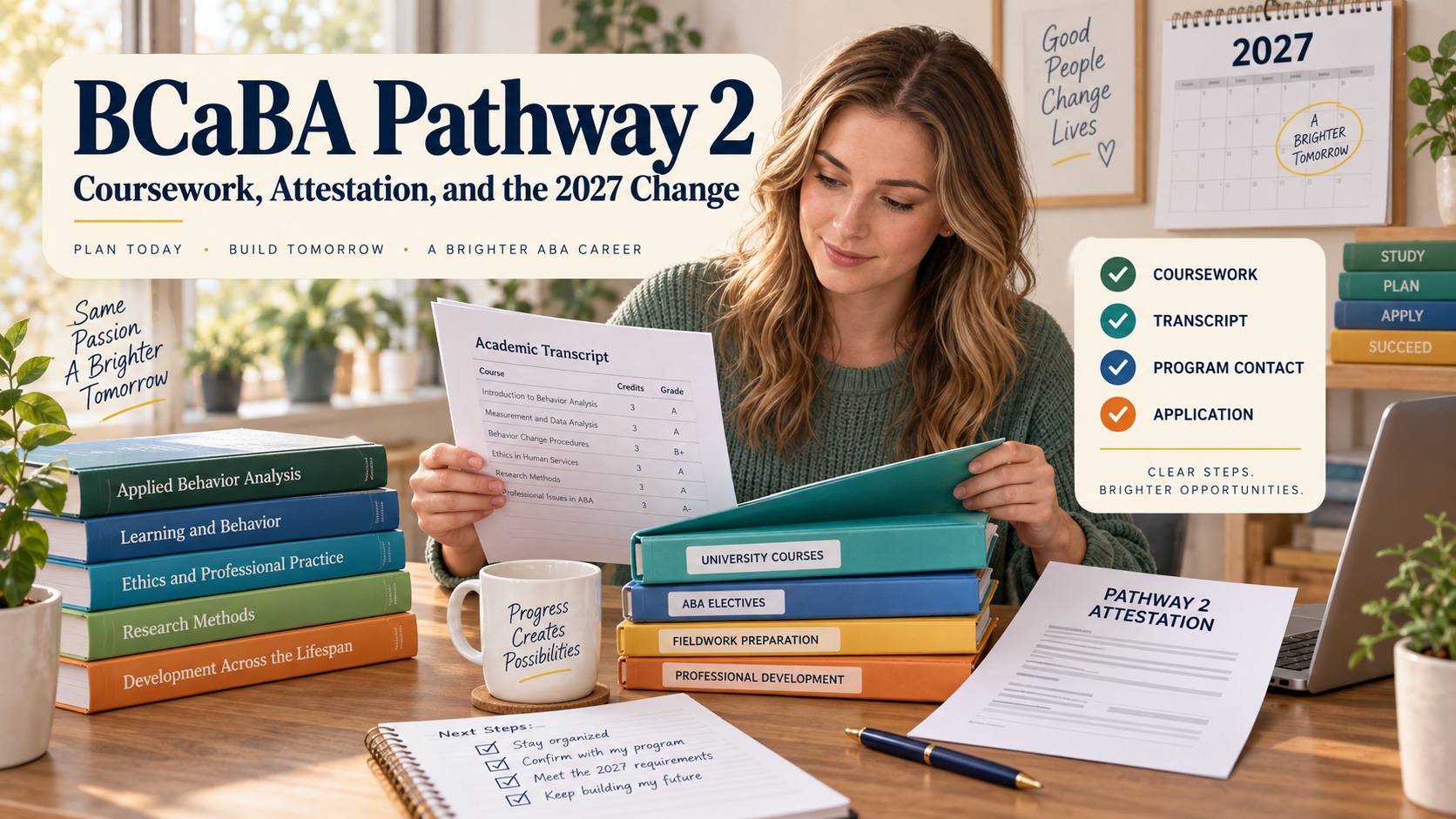 A White female BCaBA learner organizes Pathway 2 university course folders, a transcript, a program-contact attestation, and a 2027 calendar in one integrated editorial scene.