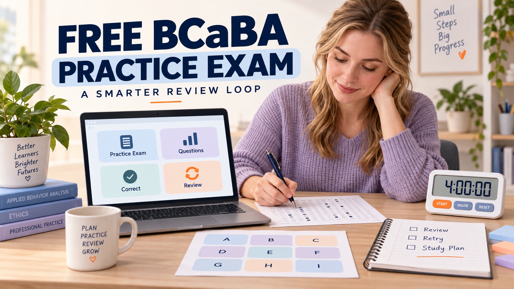 A White female BCaBA learner uses a free practice dashboard with an answer sheet, TCO letter map, timer, and review notes in one integrated editorial scene.