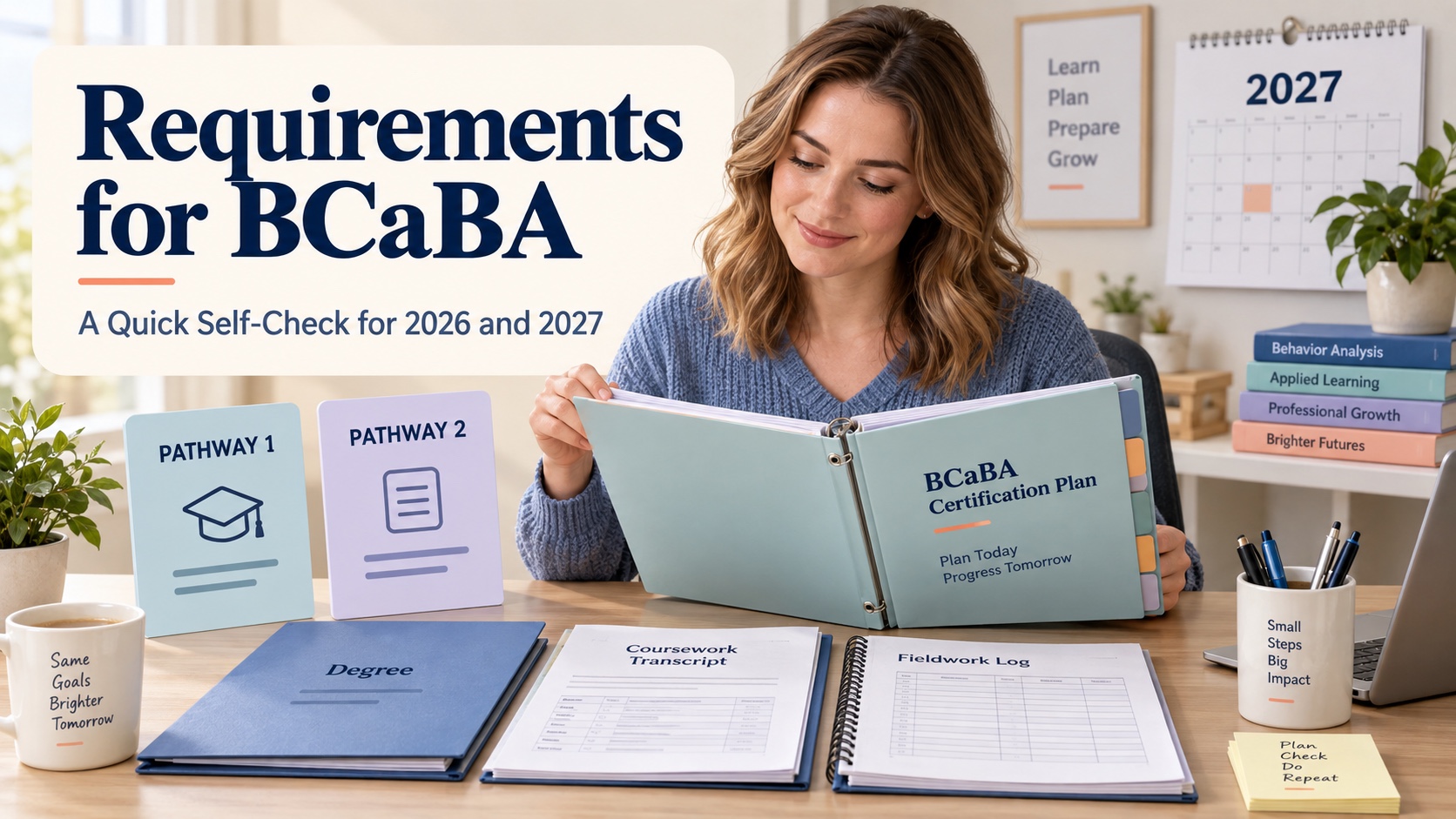 A realistic White woman studies bcaba practice exam with concrete ABA learning materials in an integrated ABA Study Online editorial scene.