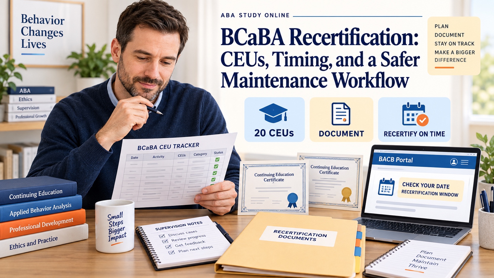 A realistic White man organizes a BCaBA recertification CEU tracker, supervision note, and BACB portal calendar in one integrated editorial scene.