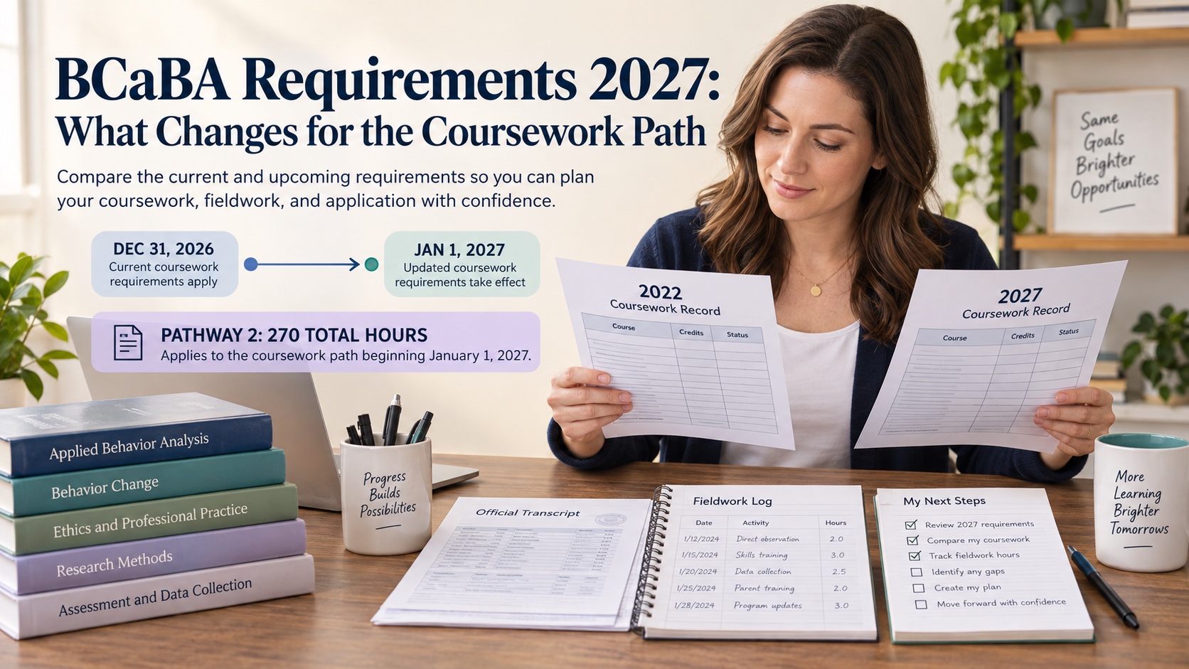 A White female BCaBA applicant comparing 2022 and 2027 coursework records beside a fieldwork log and a 270-hour Pathway 2 timeline.