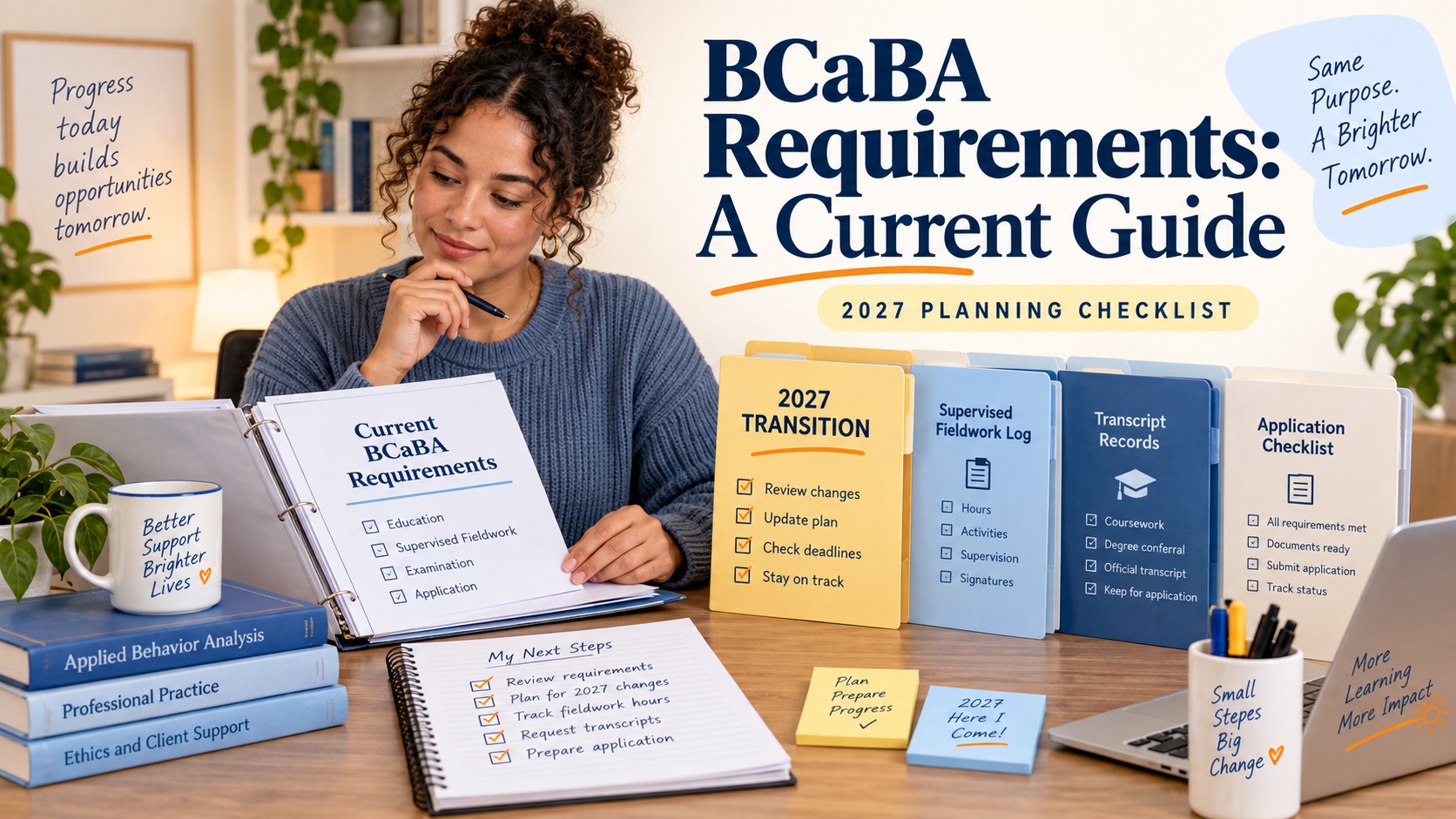 A BCaBA learner comparing current and 2027 requirement documents with a supervised fieldwork checklist.
