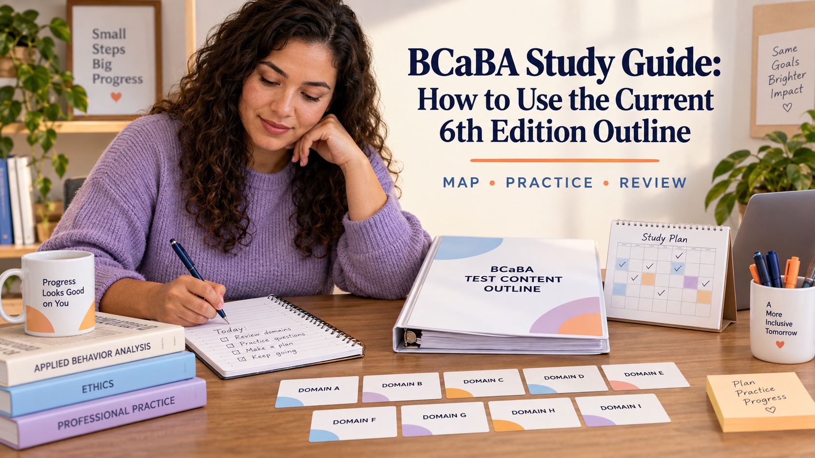 A BCaBA learner building a study plan from the current 6th edition Test Content Outline with notes, practice cards, and a review calendar.