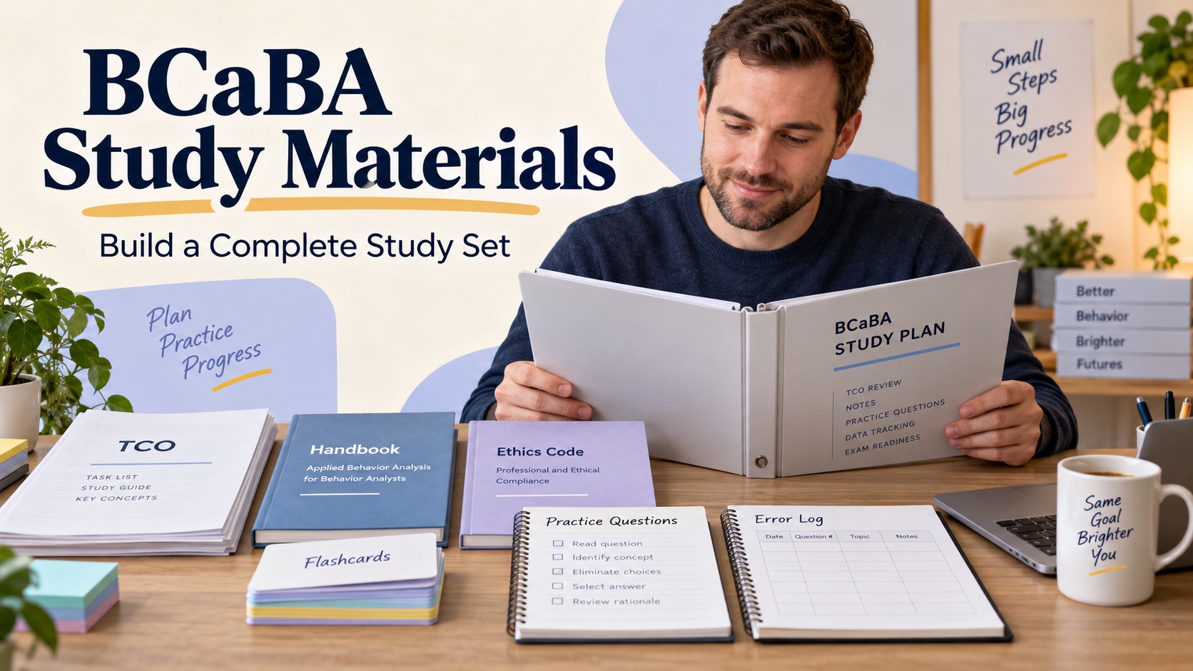 A White male BCaBA learner organizes a TCO document, Handbook, Ethics Code, flashcards, graph, question notebook, and error log in one integrated editorial study scene.