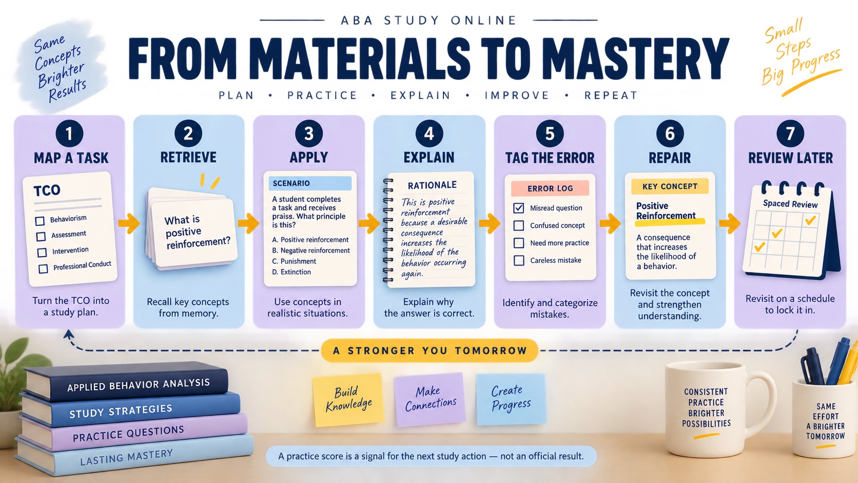 No-person infographic showing a BCaBA materials-to-mastery loop: map a task, retrieve the concept, apply it, explain the rationale, tag the error, repair the weak point, and review later.