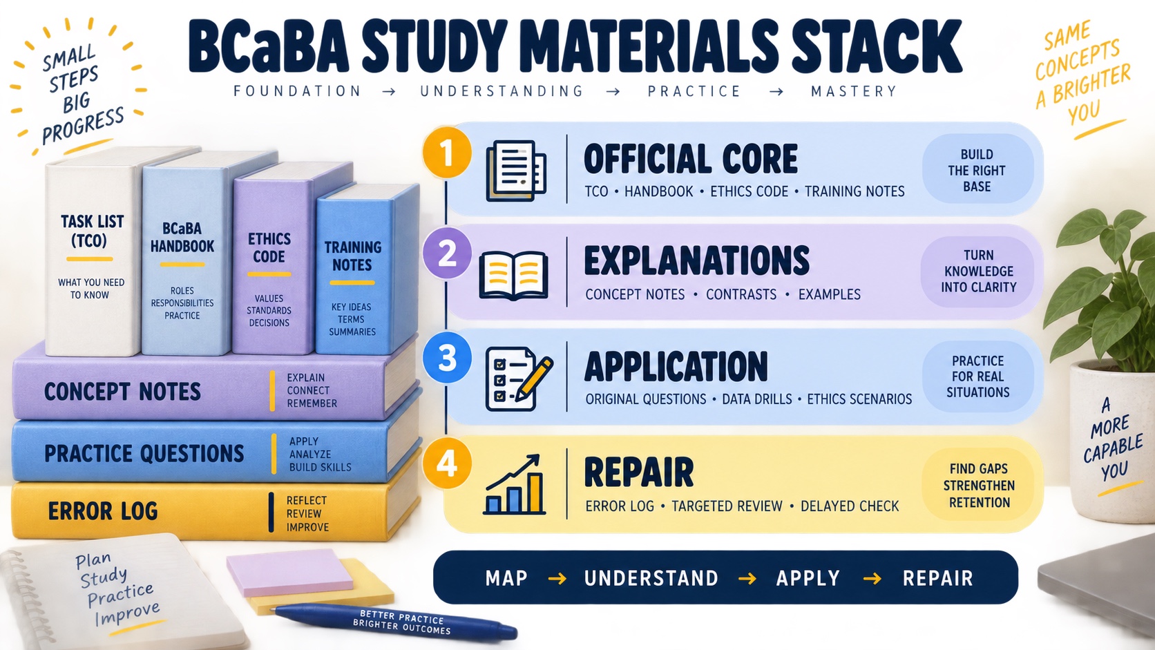 No-person infographic showing a BCaBA study-material stack with official core sources, explanations, original application practice, and an error-repair layer.