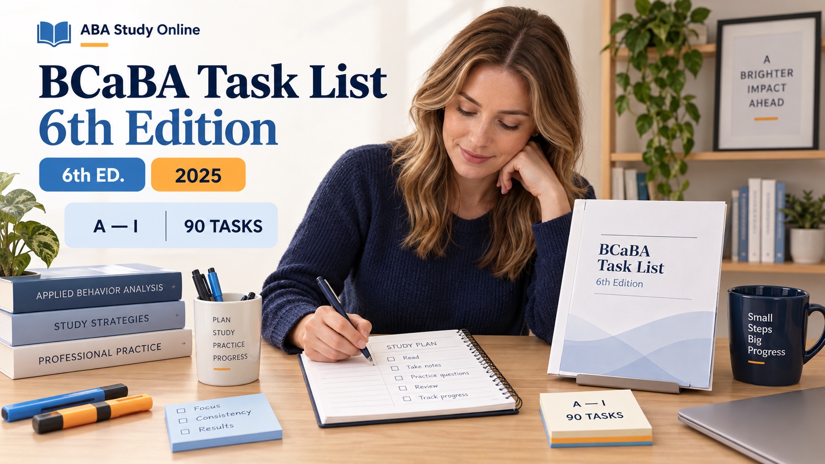 A White female BCaBA learner studies a 6th-edition outline booklet beside version tabs, nine domain cards, and a structured review notebook in an integrated editorial study scene.