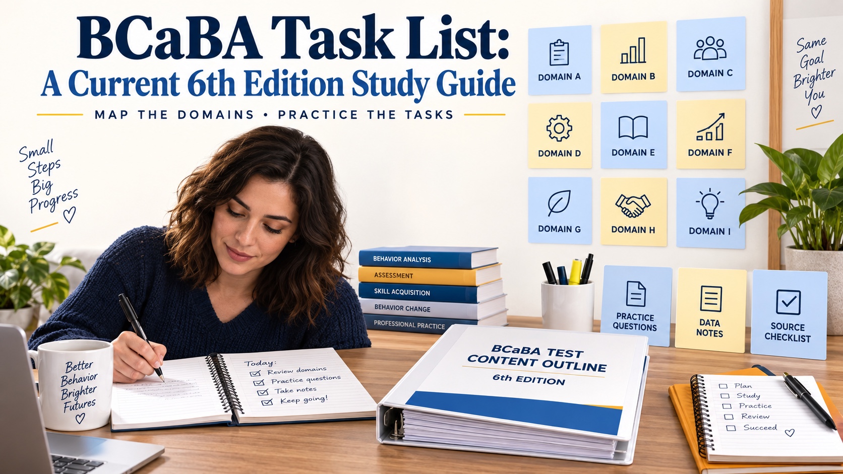 A BCaBA learner studying the current Test Content Outline with domain cards, data notes, and practice questions.