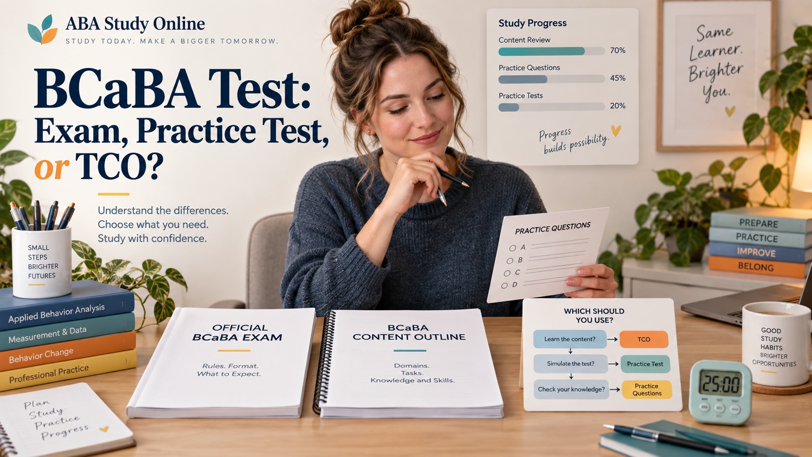 A White woman compares a neutral BCaBA examination booklet, current content outline, practice question cards, and a simple decision map in an integrated ABA Study Online editorial scene.