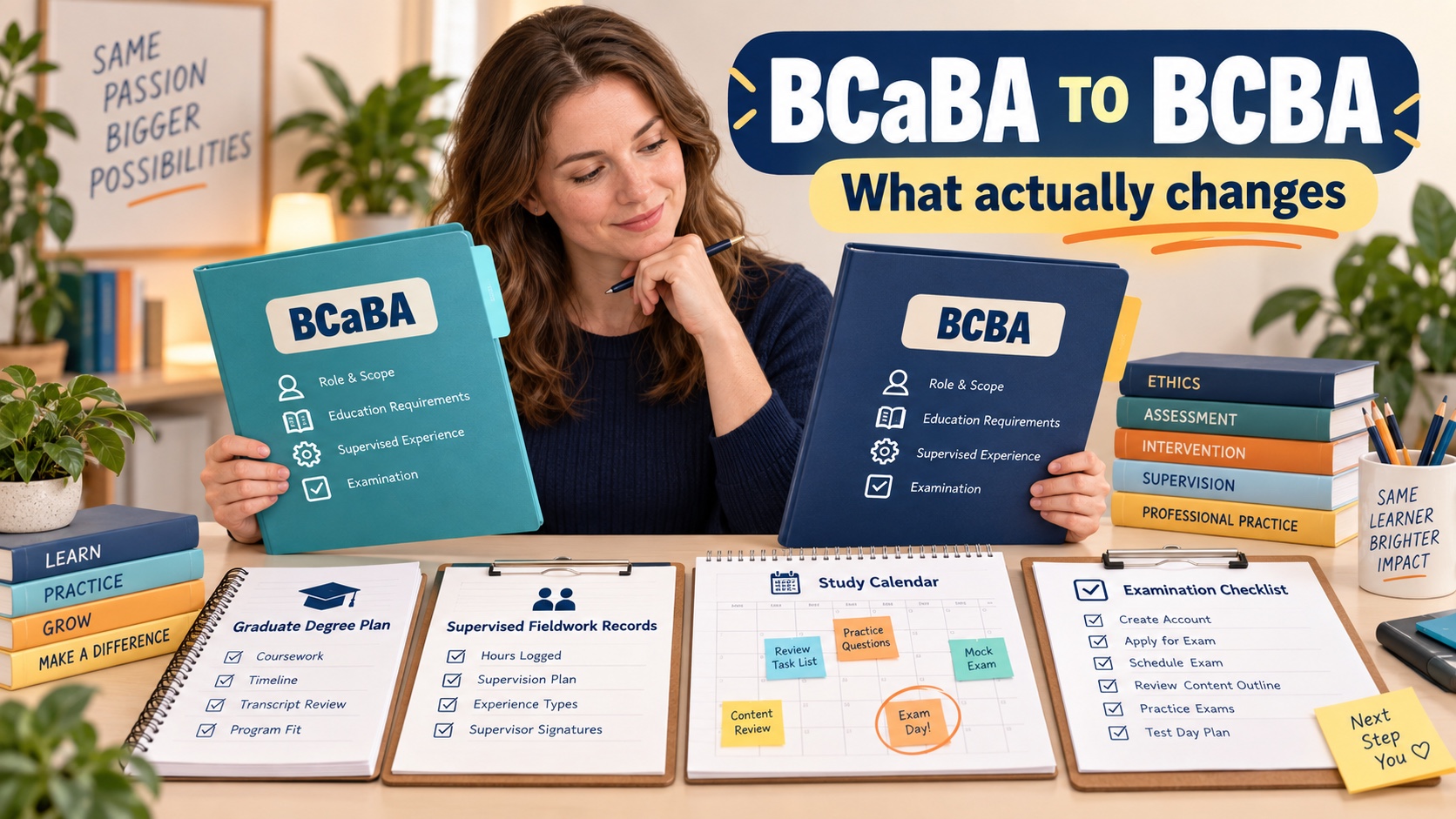 A White female ABA professional compares BCaBA and BCBA study folders, a graduate degree plan, fieldwork records, and an examination checklist in one integrated editorial scene.
