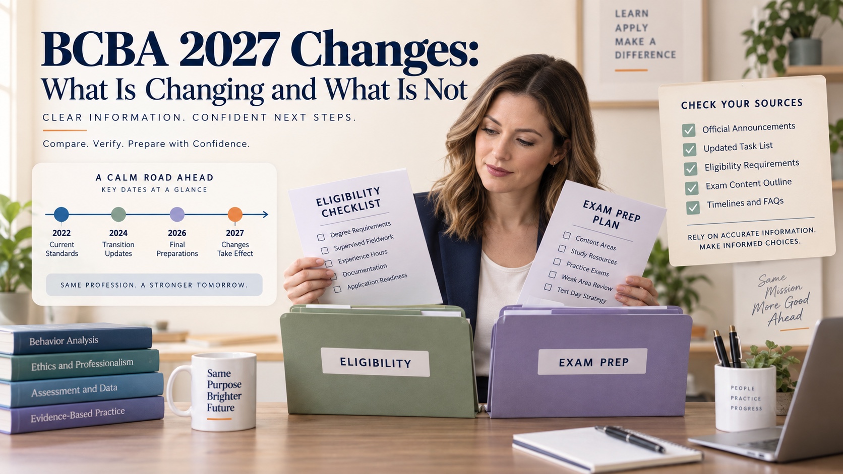 A White female behavior-analytic professional comparing 2022 and 2027 requirement cards, course records, and a separate examination source folder.