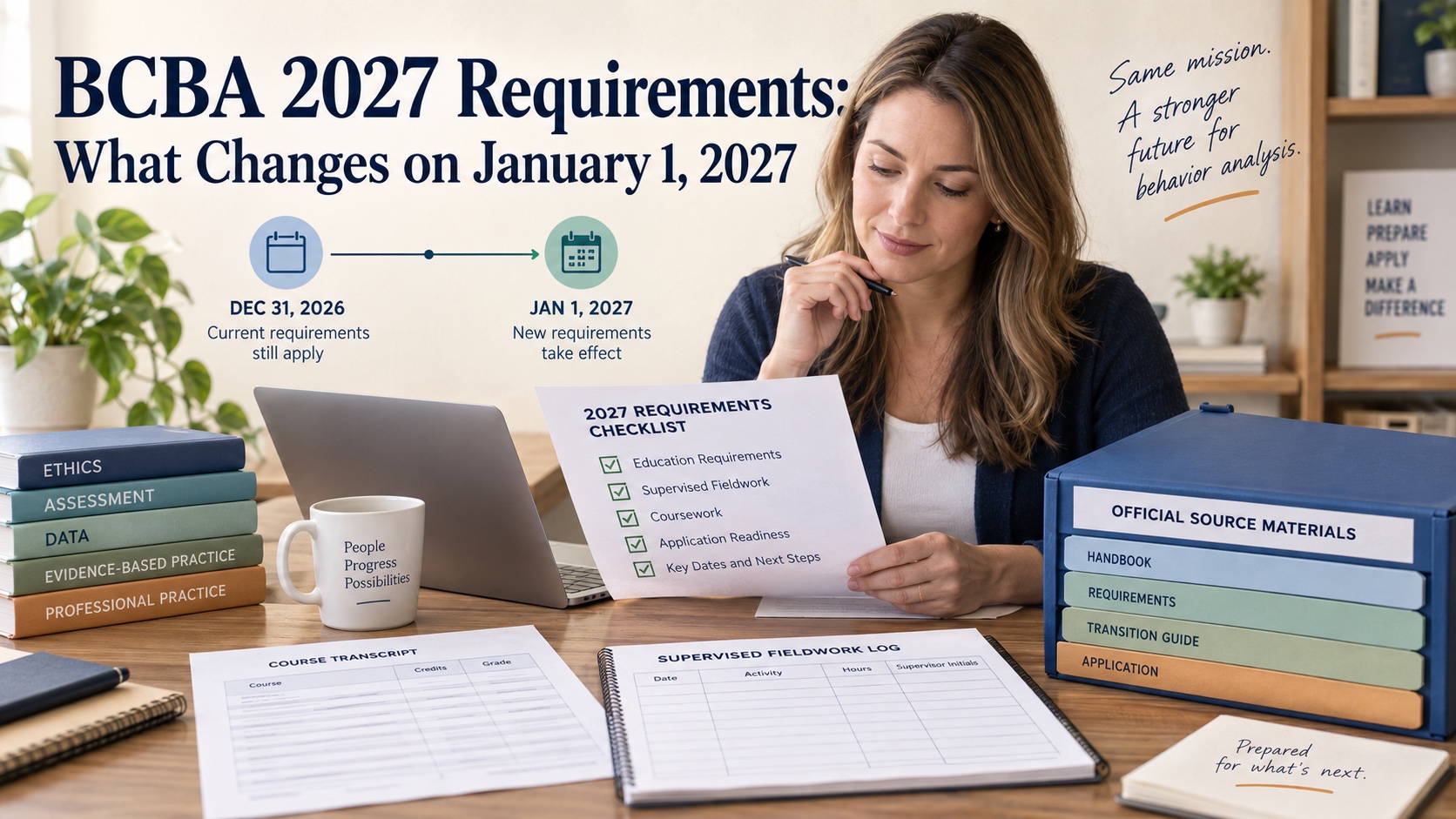 A White female BCBA applicant reviewing a 2027 requirements checklist, course records, fieldwork notes, and an official-source folder.