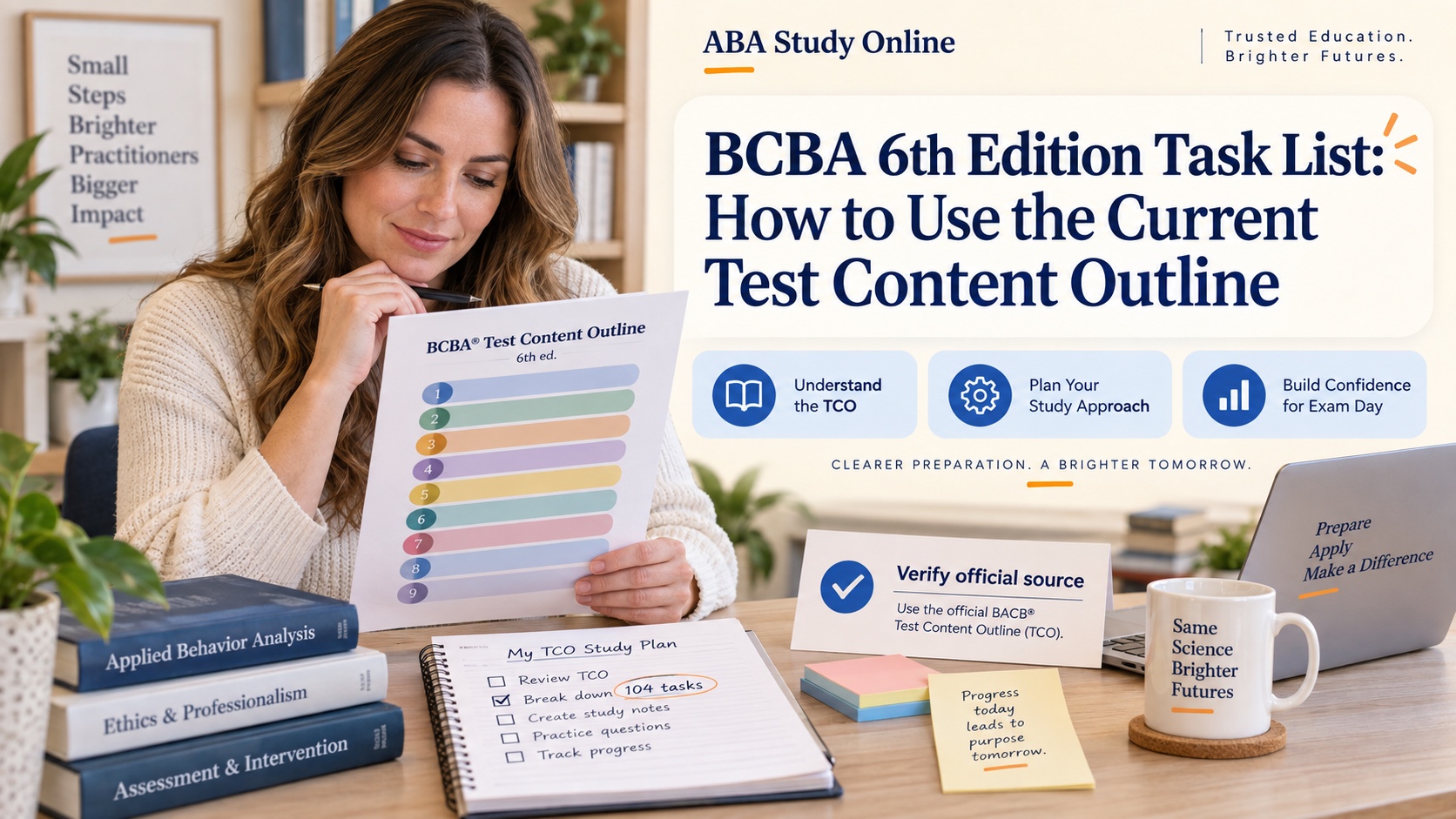 A White woman studies the BCBA Test Content Outline sixth edition with nine domain tabs, a task notebook, and a source checklist in an integrated ABA Study Online editorial scene.