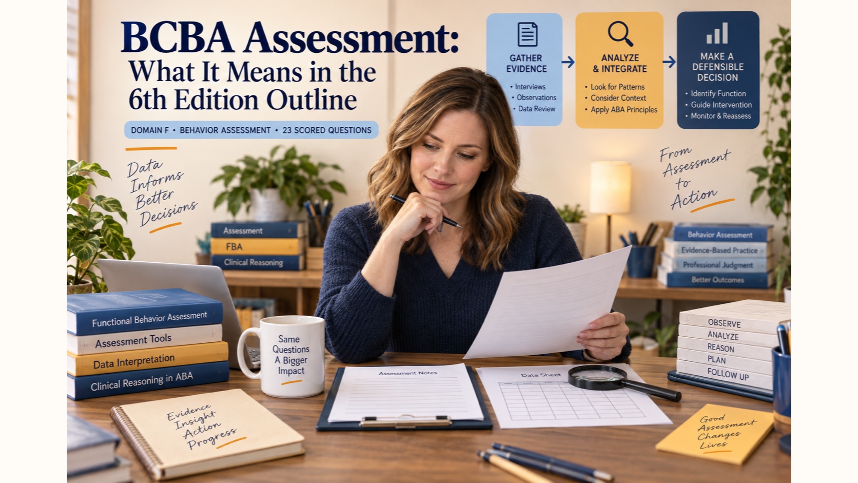A White female BCBA learner reviewing blank assessment notes, a data sheet, a magnifier, and an evidence-to-decision pathway.