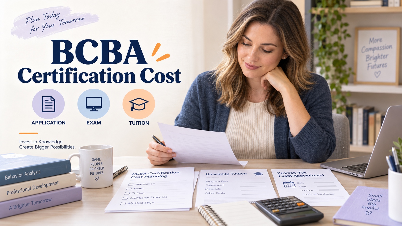 A realistic White woman reviews a BCBA certification cost planning worksheet with application, exam, tuition, and fieldwork documents in one integrated editorial scene.