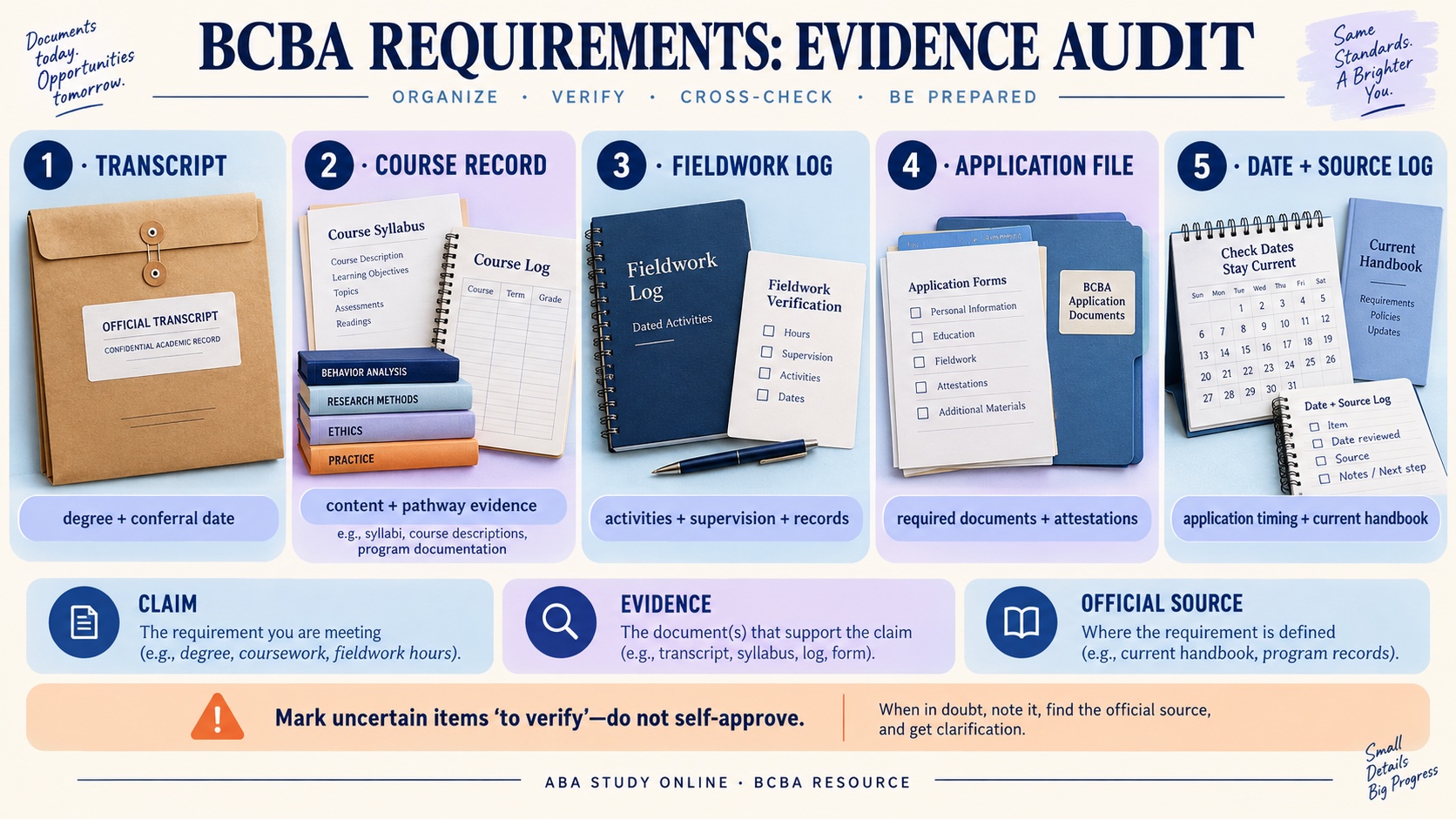 A no-person BCBA evidence-audit infographic showing transcript, course syllabus, fieldwork verification, application documents, and source-date notes as separate evidence items.