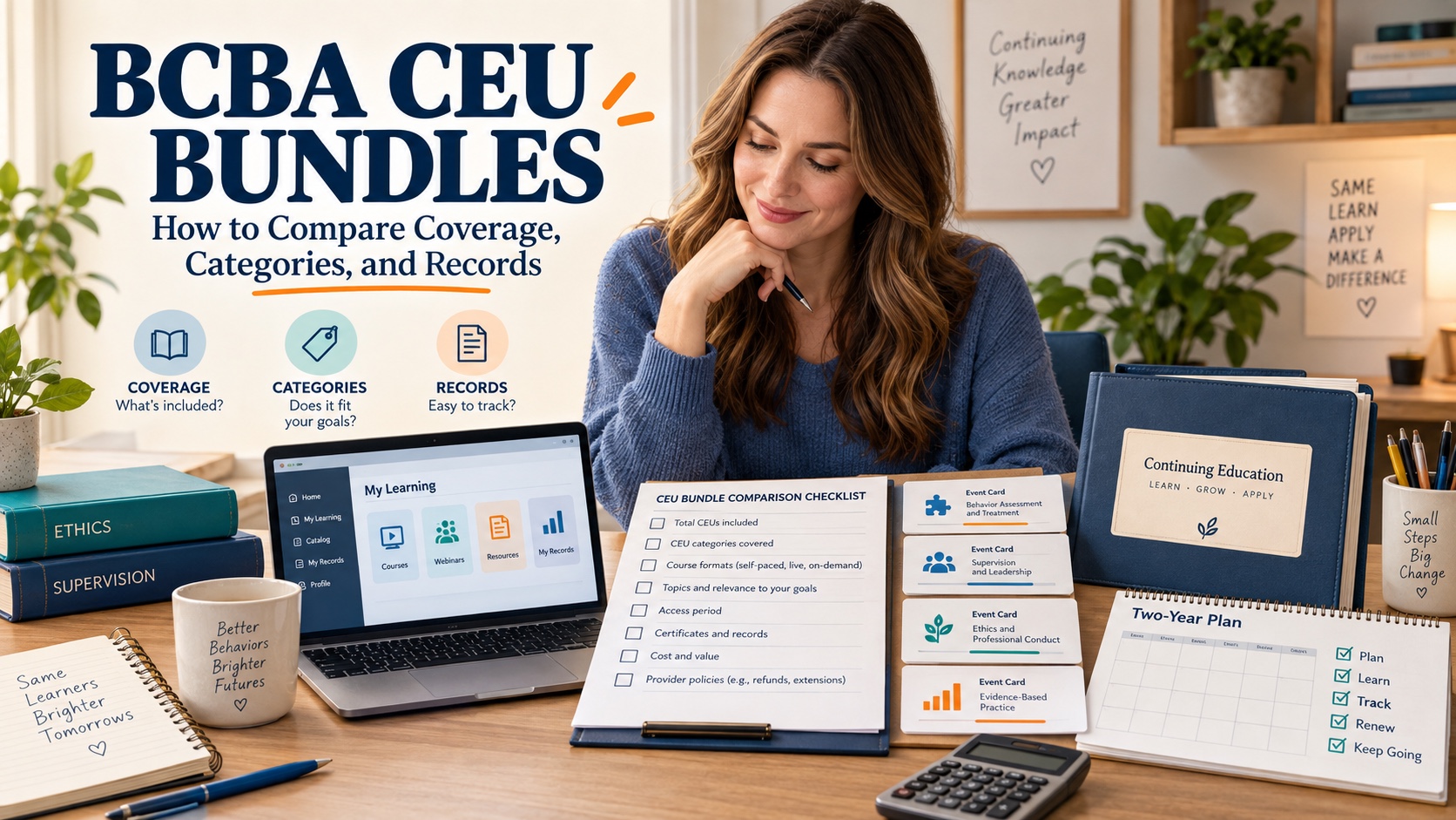 A White woman compares a BCBA CEU bundle checklist, certificate folder, calendar, and ethics and supervision tabs in one integrated editorial study scene.