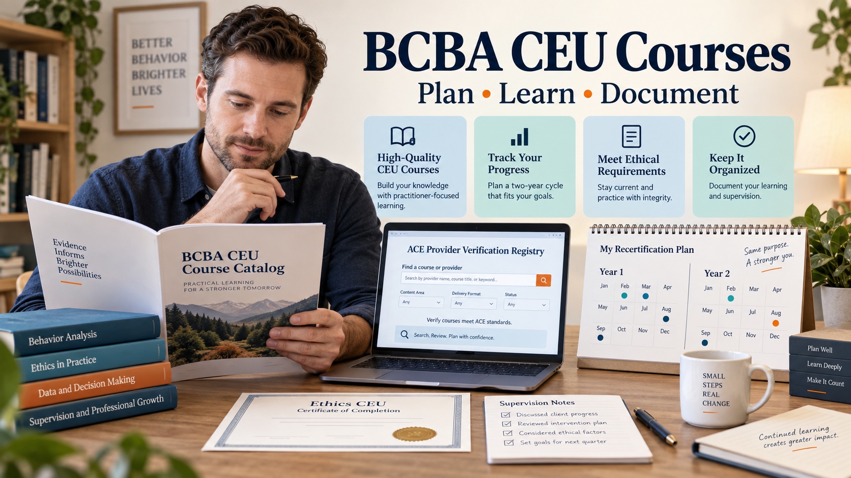 A White male behavior analyst compares BCBA CEU courses, an ACE Provider registry search, an ethics certificate, and a two-year learning calendar in one integrated editorial scene.