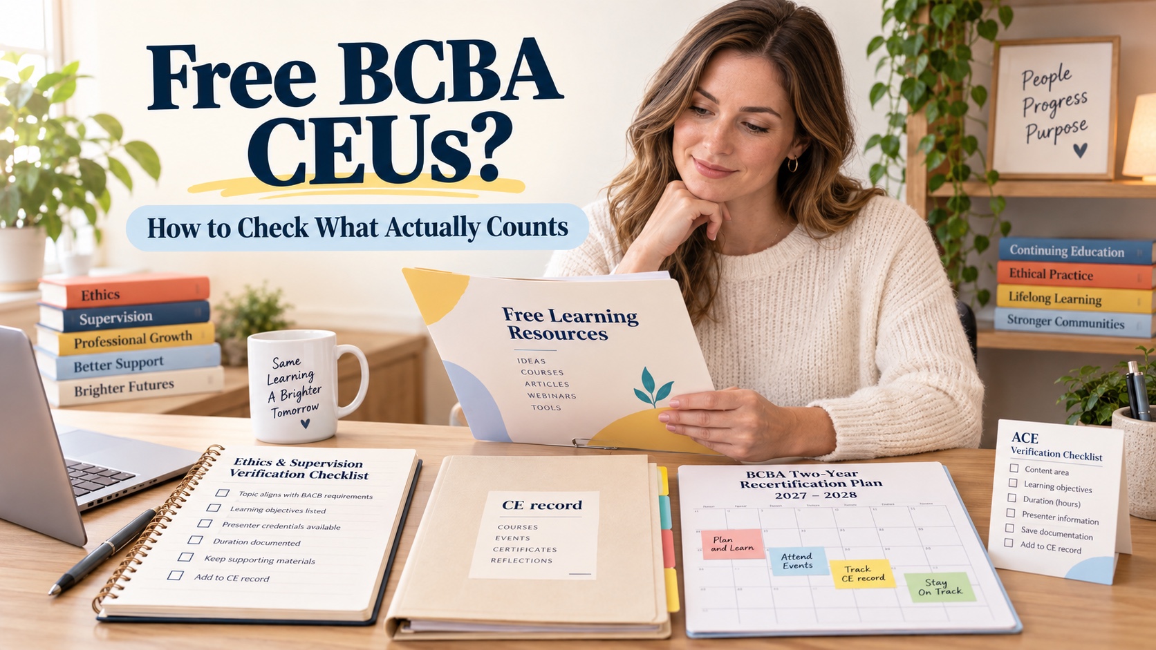 A White woman reviews free BCBA learning resources, an ethics and supervision checklist, a CE documentation folder, and a two-year cycle calendar in an integrated ABA Study Online editorial scene.