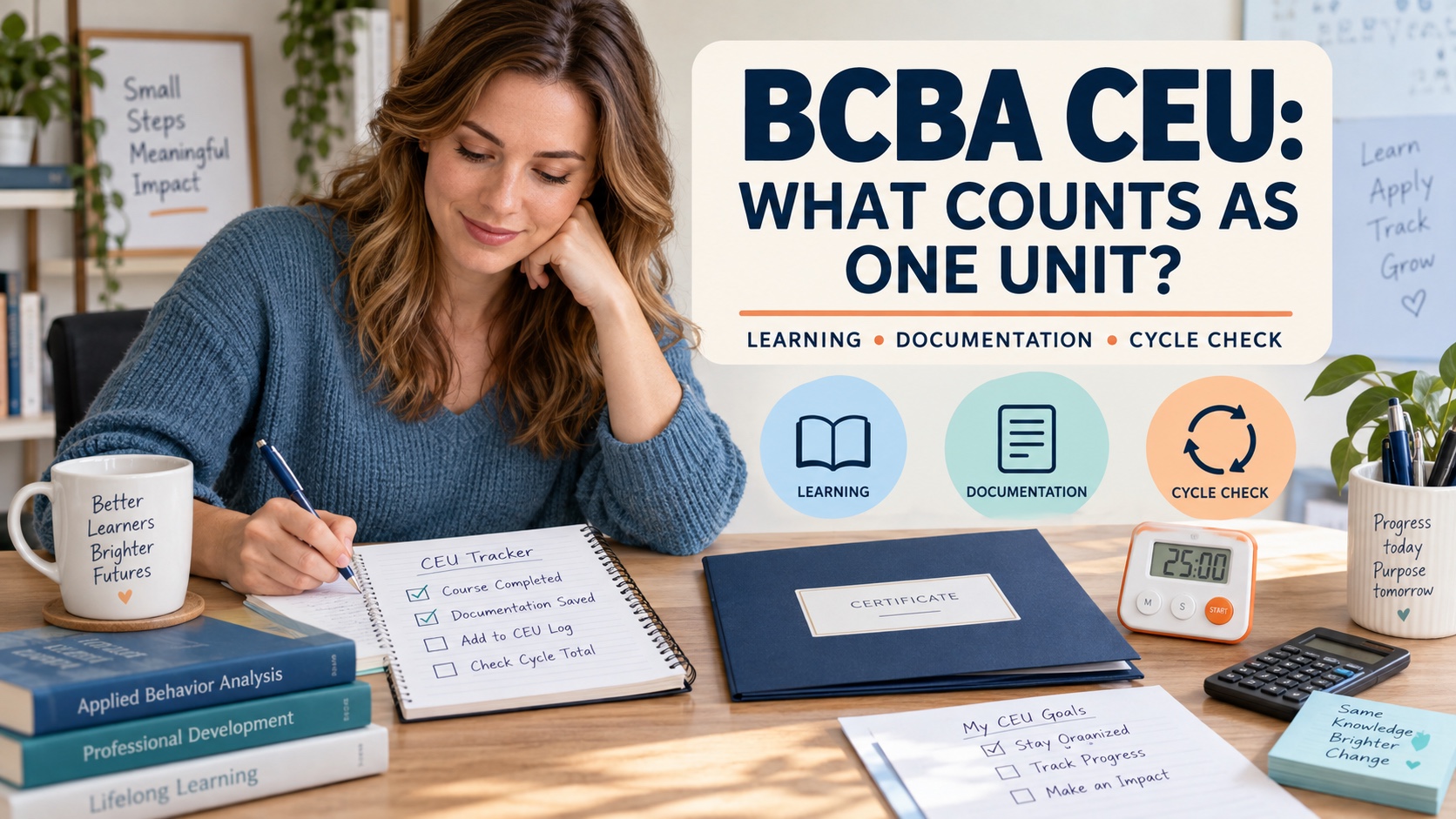 A White woman organizes a BCBA CEU log, a certificate folder, a timer, and a current-versus-future planning note in an integrated editorial study scene.