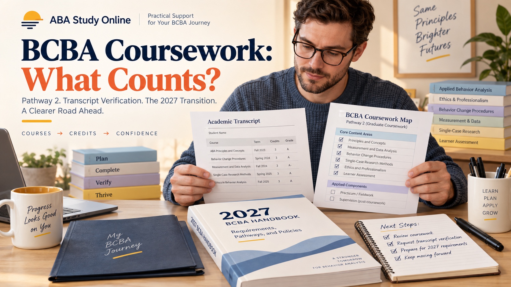 A realistic White male graduate student reviews a BCBA coursework map, transcript, 2027 handbook, and Pathway 2 planning notes in one integrated editorial scene with the title BCBA Coursework: What Counts?