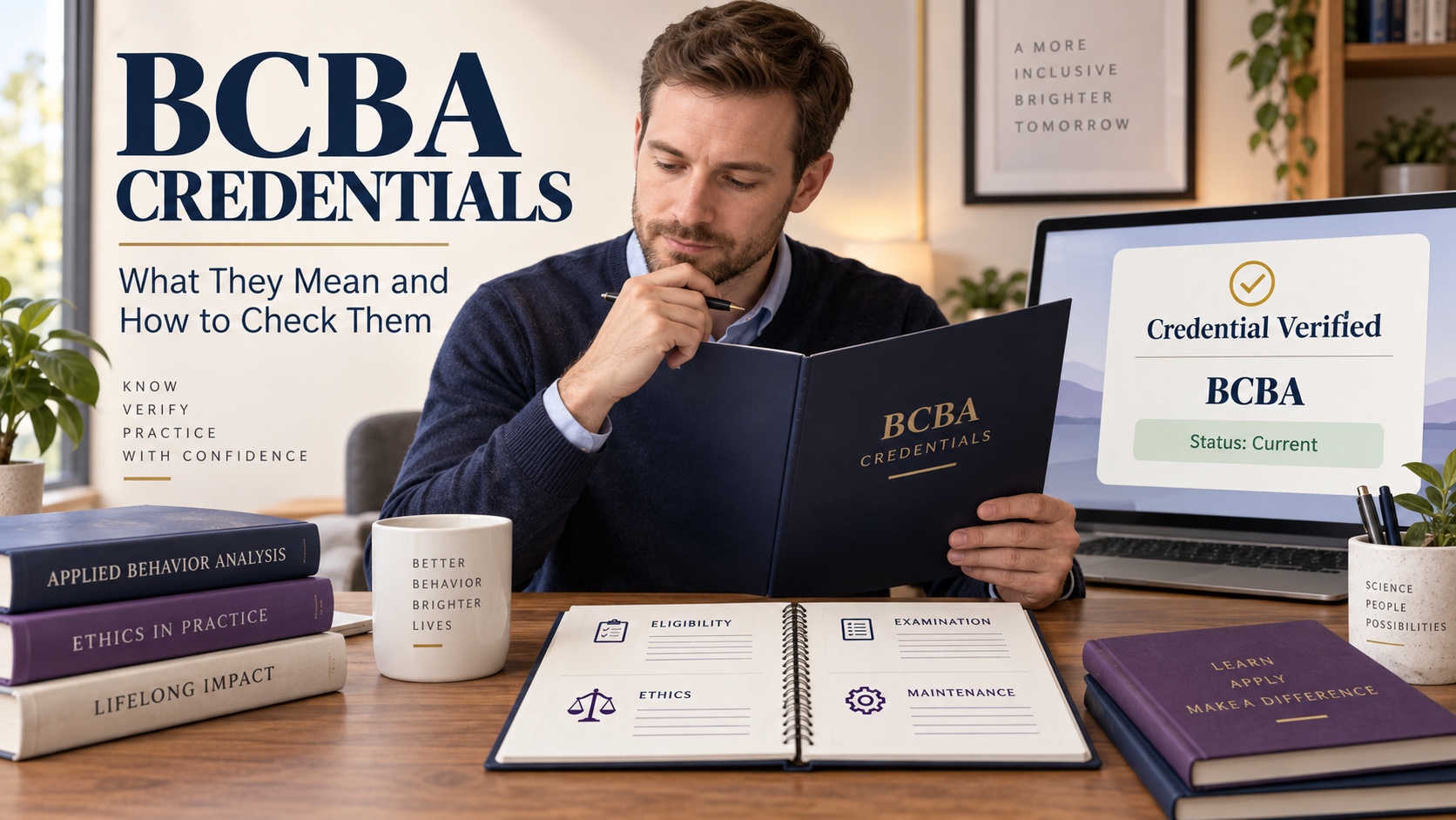A White man reviews a BCBA credential folder, an official certification registry screen, and structured ABA study notes in one integrated ABA Study Online editorial scene.