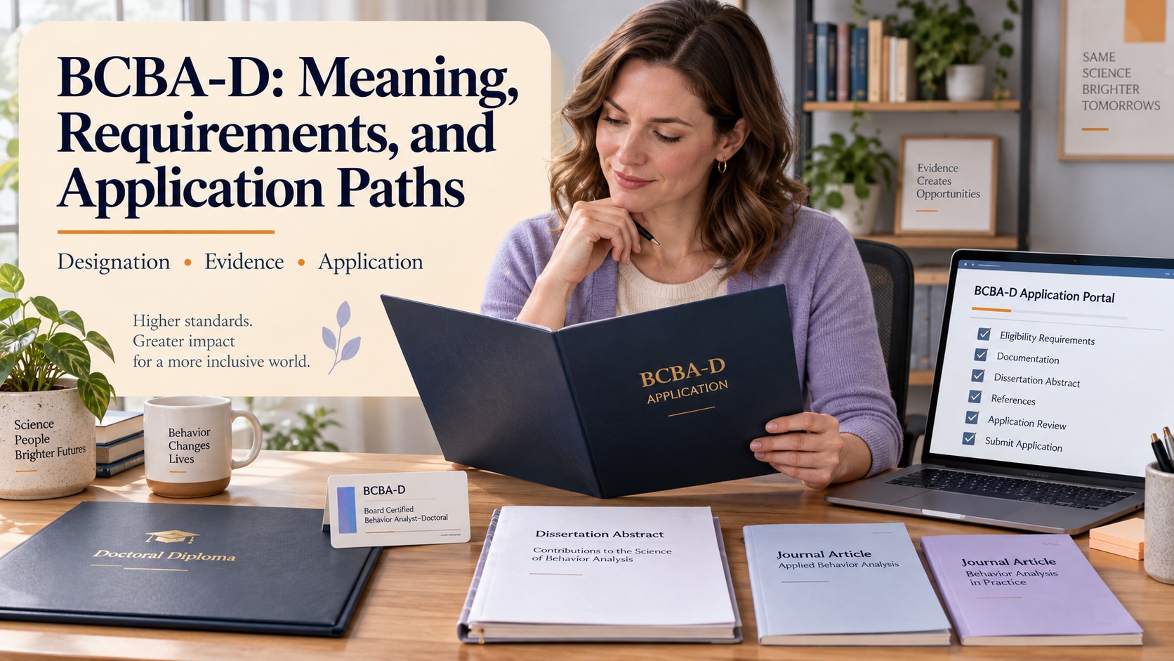 A White male BCBA reviews a doctoral designation application folder, dissertation record, publication file, and BCBA credential checklist in one integrated editorial study scene.