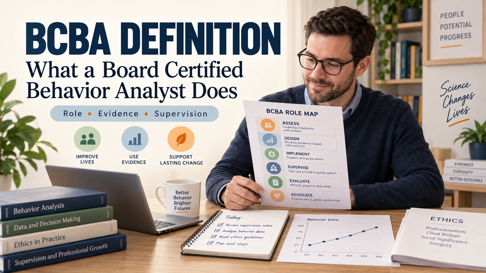 A White male BCBA learner reviews a role map, supervision notes, behavior-analytic data, and a study guide in one integrated editorial scene.