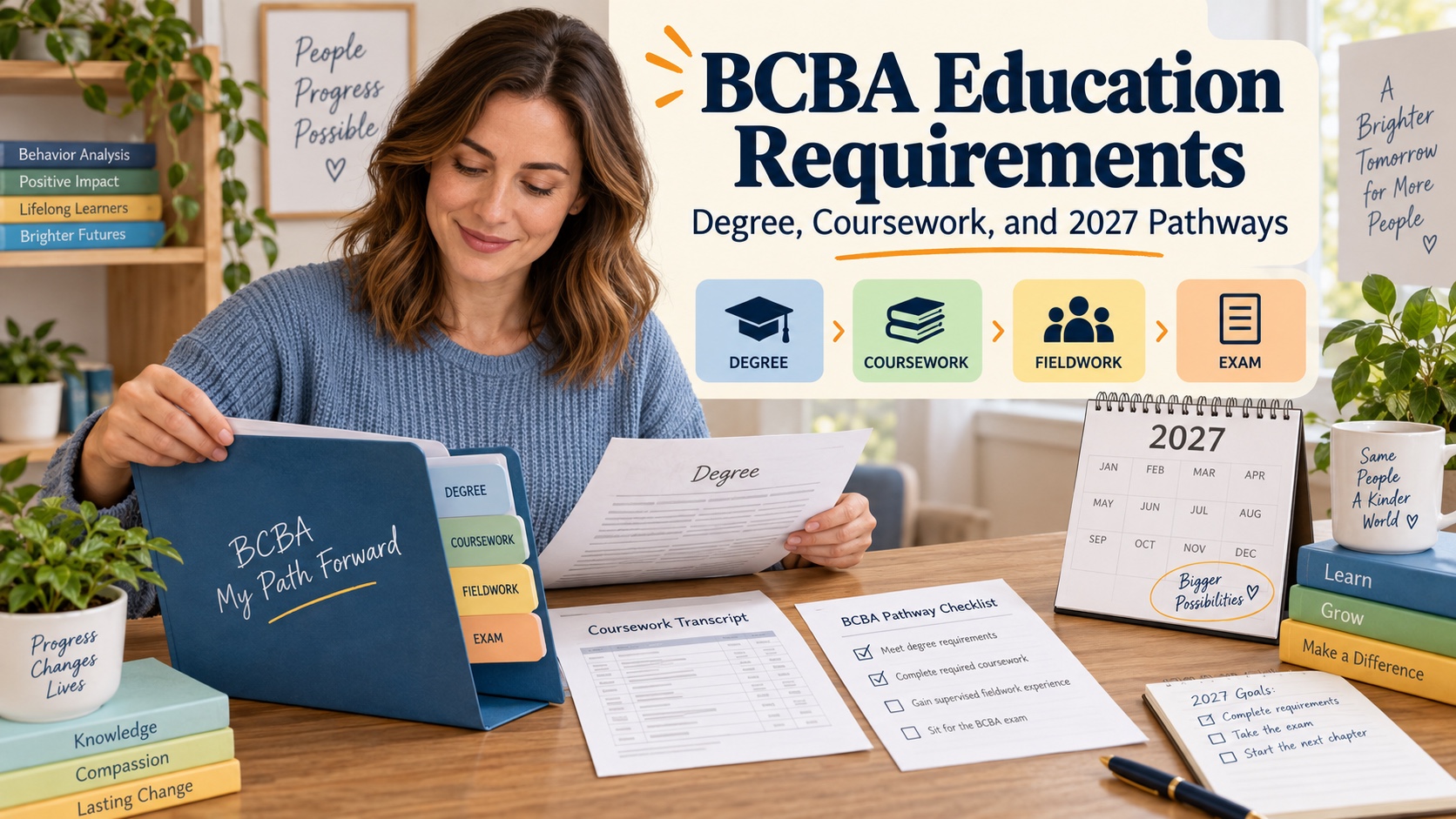 A White woman organizes BCBA degree, coursework, pathway, and 2027 transition documents in one integrated editorial study scene.