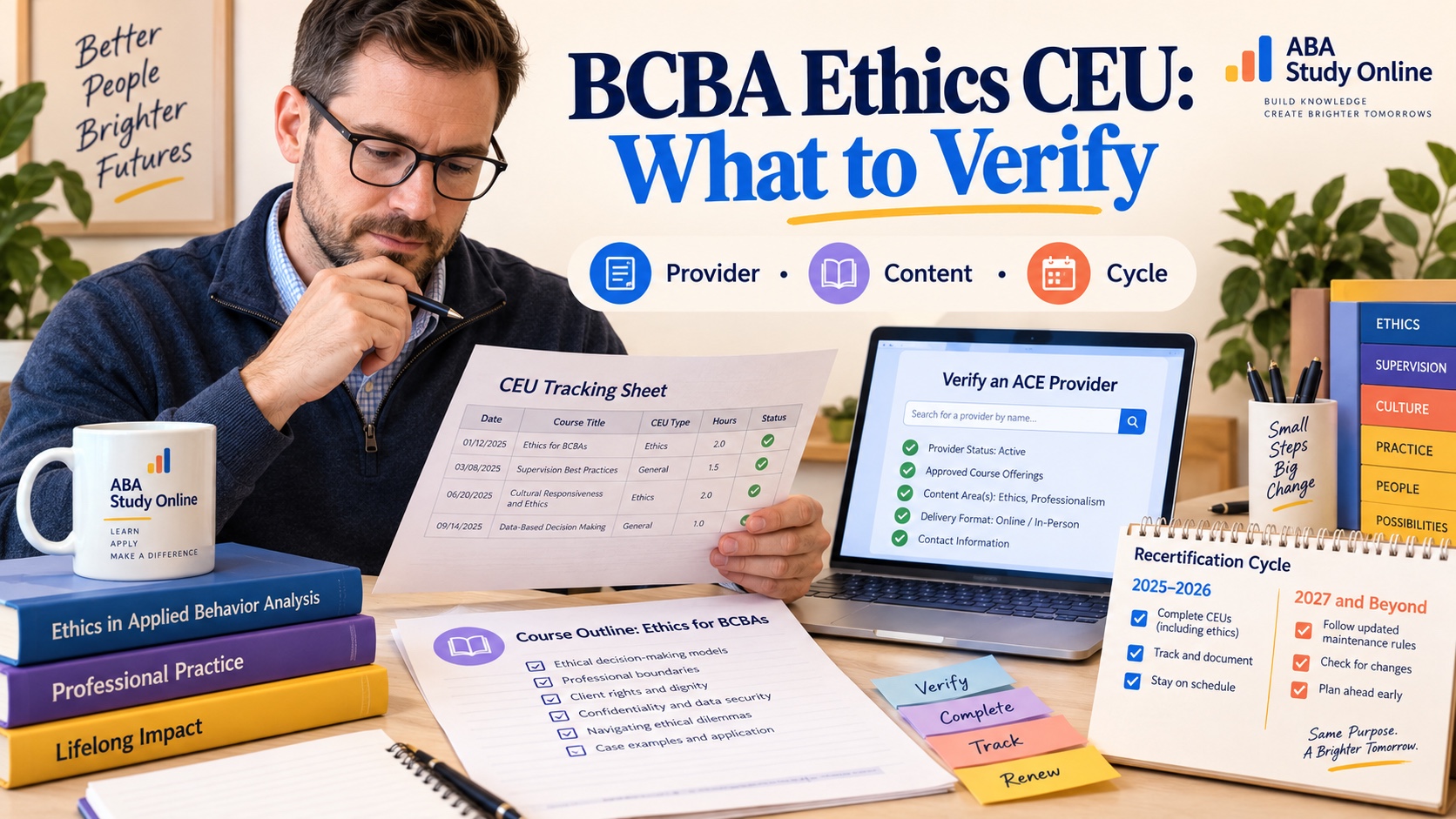 A realistic White male BCBA reviews an ethics CEU course outline, ACE provider verification, a recertification calendar, and a cycle tracking sheet in one integrated editorial scene with the title BCBA Ethics CEU.