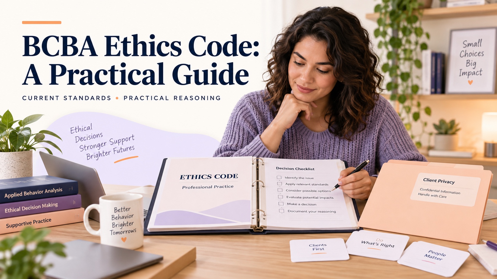 A BCBA learner reviewing an ethics code with a case note, privacy folder, and decision checklist.