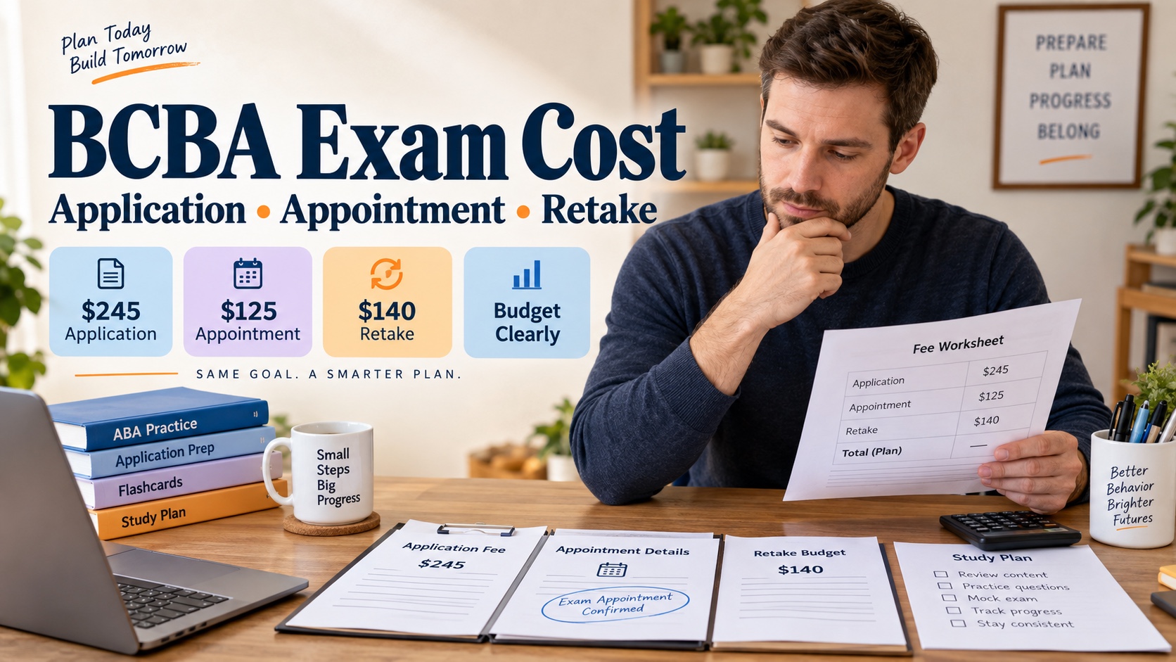 A White male BCBA candidate reviews an application fee checklist, Pearson VUE appointment note, retake budget, and study plan in one integrated editorial scene.
