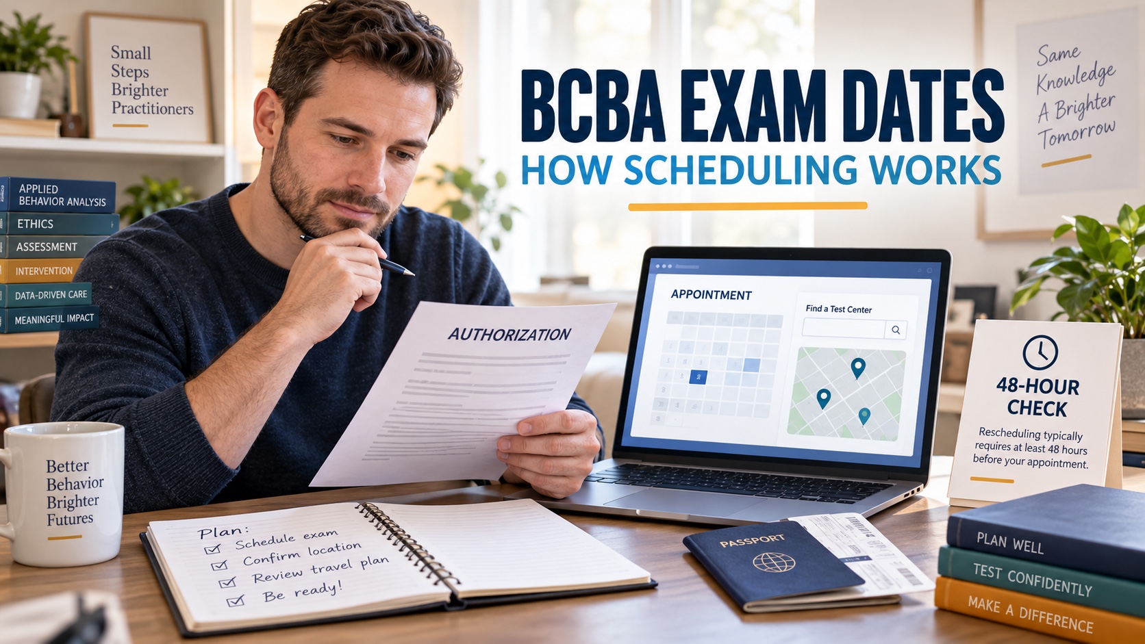 A realistic White male BCBA candidate reviews an authorization notice, generic computer-based testing appointment calendar, testing-center search cue, and 48-hour rescheduling reminder in an integrated ABA Study Online editorial scene titled BCBA Exam Dates How Scheduling Works.
